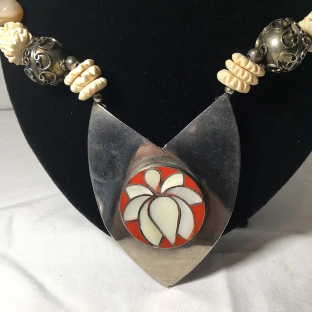 Vintage Ethnic Boho Style Sterling Silver & Gobi Agate Handmade Beaded Necklace
